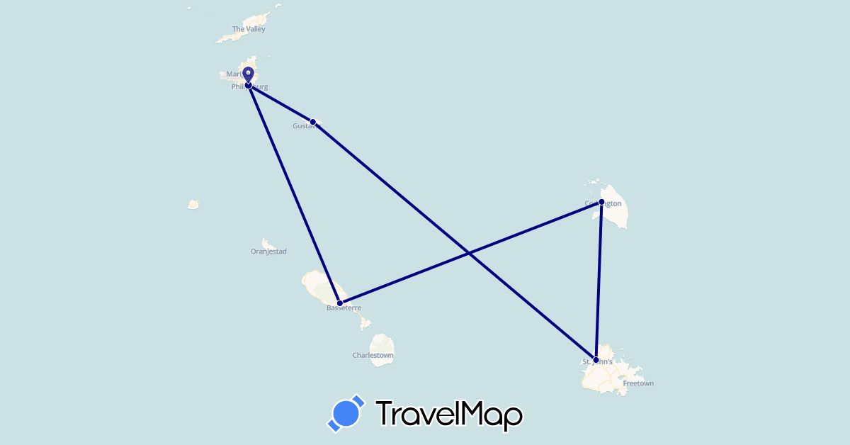 TravelMap itinerary: driving in Antigua and Barbuda, France, Saint Kitts and Nevis, Netherlands (Europe, North America)
